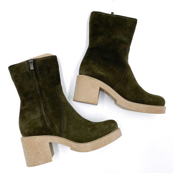 La Canadienne Zed‎ Boots Green Suede Block Heel Waterproof Bootie Sz 7.5 - Picture 6 of 13